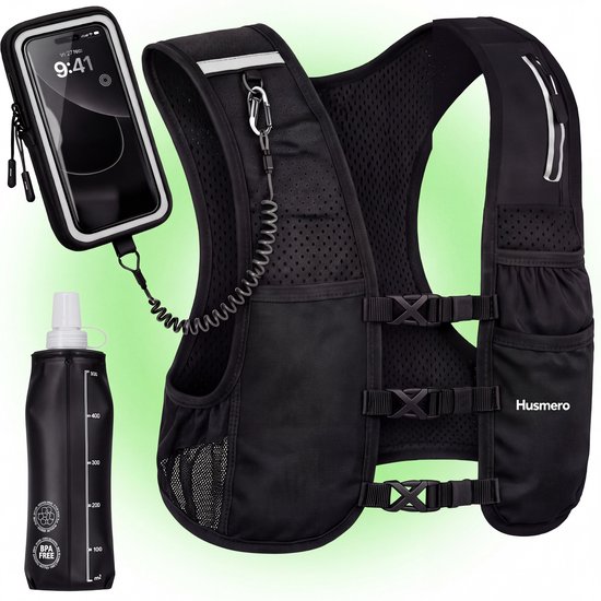 Husmero Hardloopvest incl. Waterfles – Reflecterend Running Vest met Waterdicht Telefoonvak – Dames & Heren – Zwart