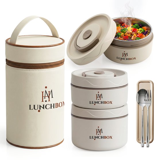 Husmero Thermo Bento Lunchbox RVS – 3 Vakjes – Incl. Bestekset & Isolatietas – Beige