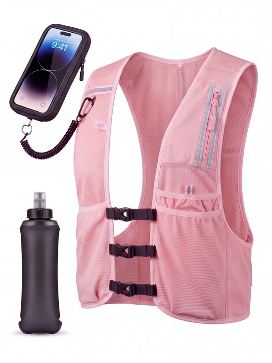 Husmero Hardloopvest incl. Waterfles – Reflecterend Running Vest met Waterdicht Telefoonvak – Dames & Heren – Roze