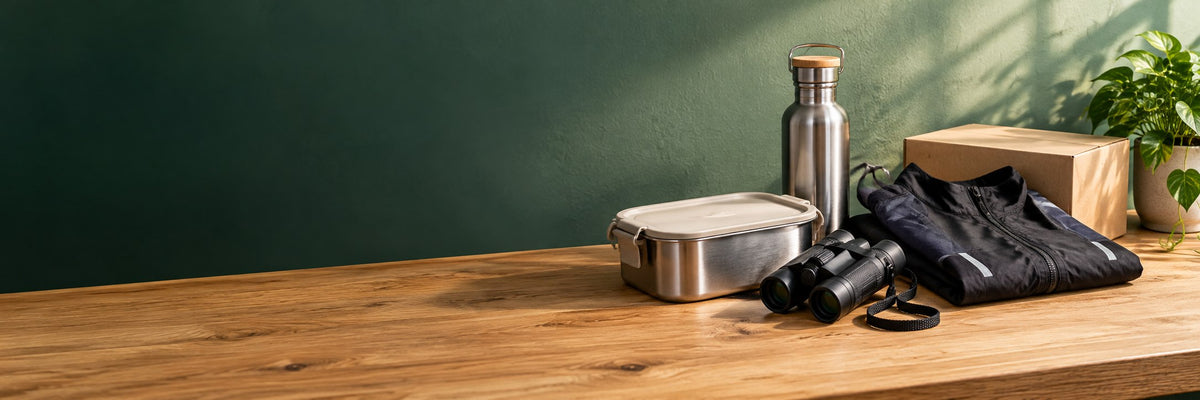 Sfeerbeeld: houten tafel met lunchbox, drinkfles, verrekijker en sportjack voor een groene muur